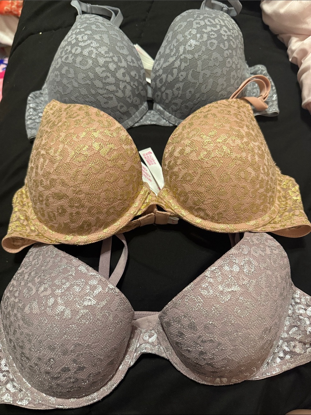 PINK Victoria's Secret Metallic Leopard Lace Bra Trio - Gray purple, and pink